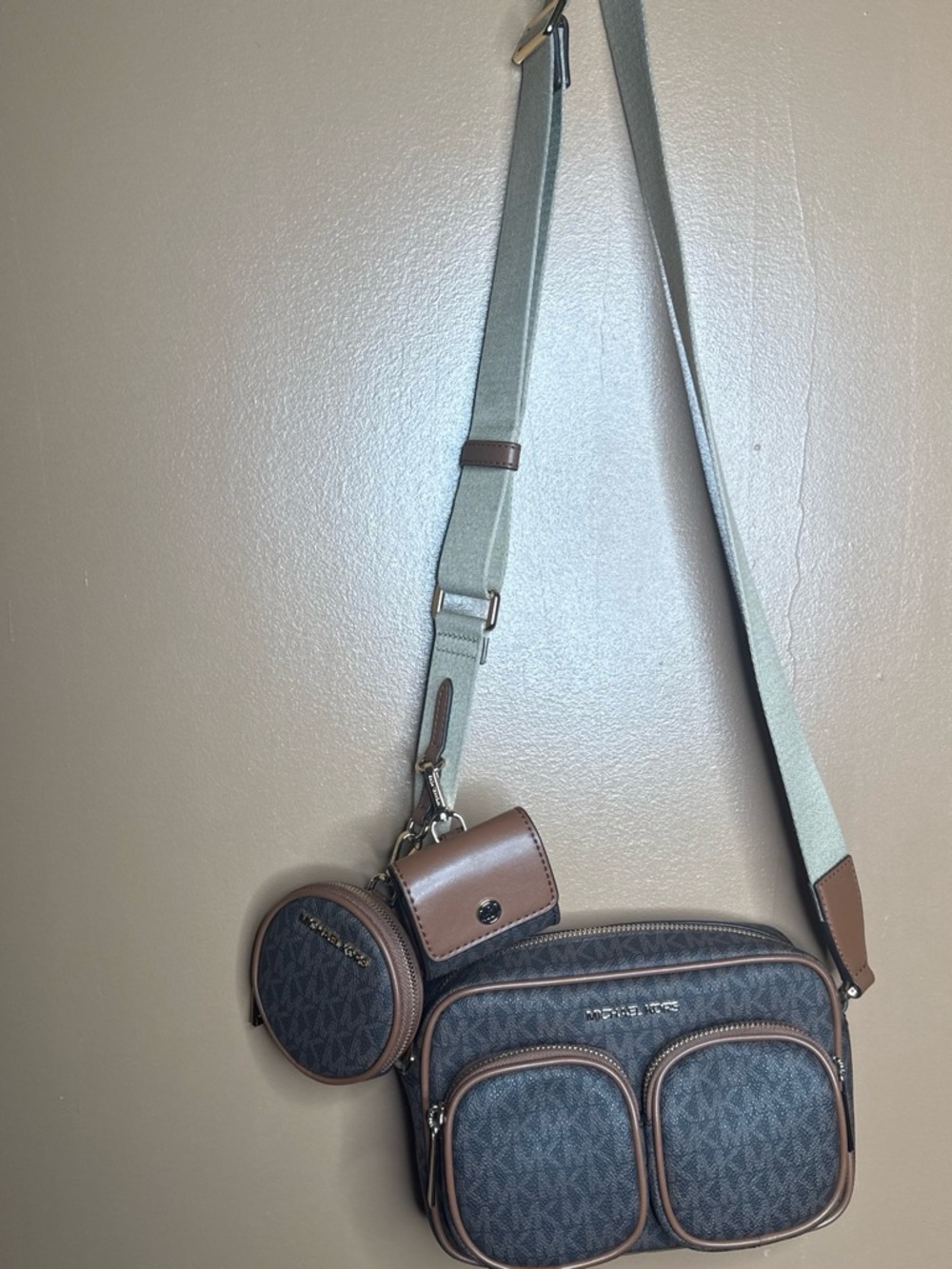 Michael Kors Navy Monogram Messenger Bag with Brown Trim and Green Strap